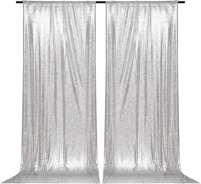 PartyDelight Silver Sequin Backdrop 5x10ft 2 Panels 4 Inch Rod Pocket | Dense 3mm silver sequins on mesh backing with 4 inch rod pocket for wide reception walls head tables stages and layered event