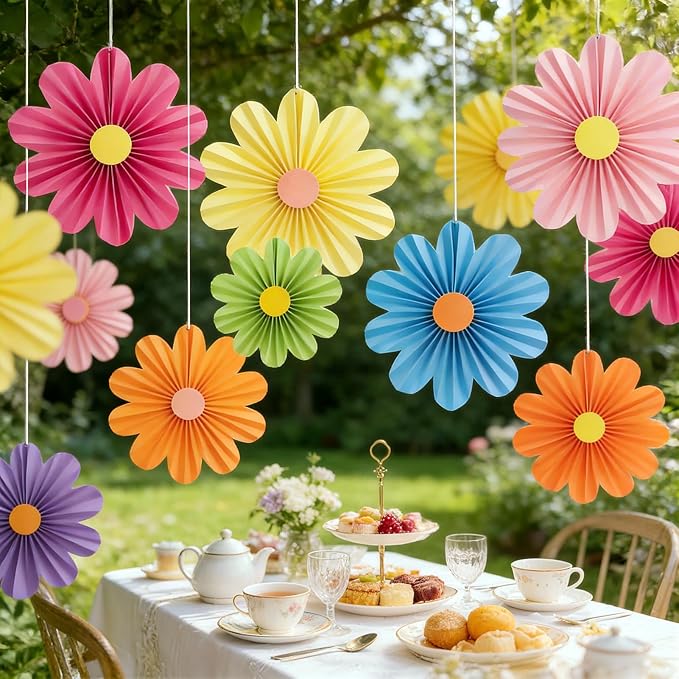 Paper Jazz Colorful Party Decorations with Daisy Paper Flower,Rainbow Birthday Decorations-9pcs Tissue Mexican Decor for Home Backdrop Garden Birthday Party Wall Hanging Fan for Spring Party