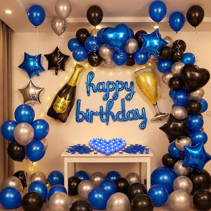 Realspring 175 Pcs Blue Happy Birthday Balloons Decorations Birthday Letters Banner with LED Candle Star Balloons 5000 Rose Petals for Surprise Party Room Decor Men Women