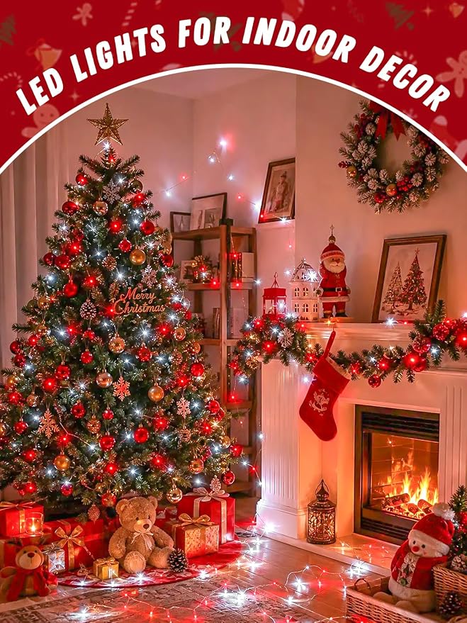 4 Pack 60 LED Fairy Lights Battery Operated with Timer, 20FT Waterproof String Lights Indoor Outdoor, Cuttable Battery Light for Bedroom Wedding DIY Centerpiece Christmas Decorations (Red and White)