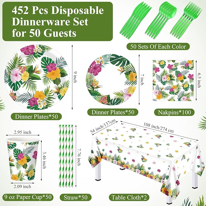 Funnymoom 452 Pcs Hawaiian Luau Party Decoration for 50, Tropical Aloha Paper Plate Napkin Cup Tablecloth Cutlery Palm Leaf Hibiscus Disposable Tableware for Summer Beach Floral Birthday Party Supply