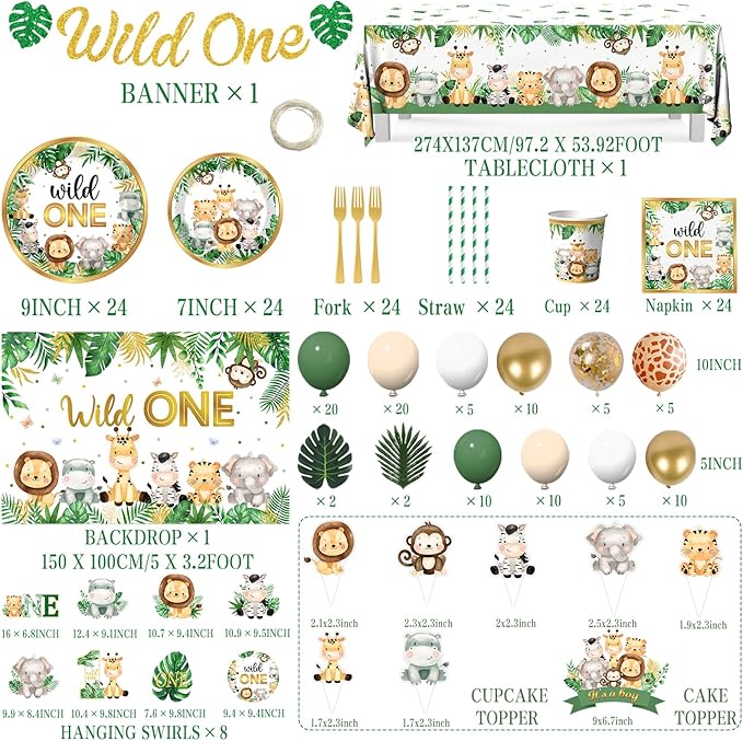 Wild Birthday Decorations,Safari Birthday Decorations 277Pcs Wild Plates and Napkin Sets Banner Backdrop Tablecloth Cake Topper Balloon Garland for Jungle 1st birthday Decorations