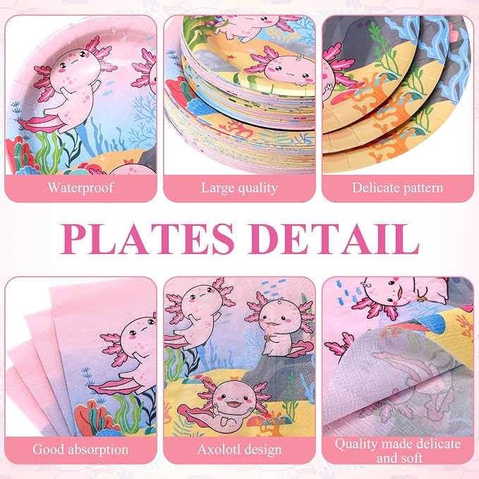LemonRoad 452 Pcs Axolotl Birthday Decorations for 50, Pink Axolotl Paper Plates Napkins Cups Tablecloth Cutlery Straws Disposable Tableware for Cartoon Animal Baby Shower Birthday Party Supplies