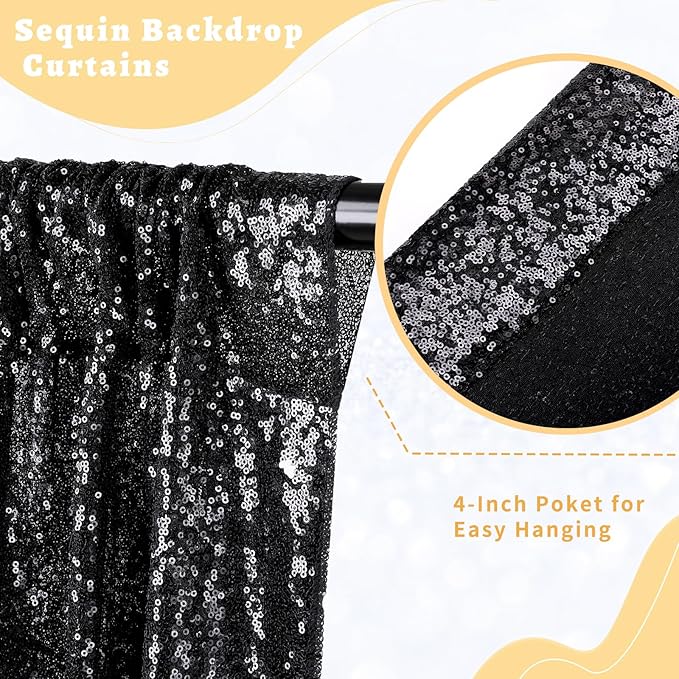 B-COOL Black Sequin Curtains Drapes 4 Panels Glitter Party Curtains 2FTx8FT for New Years Gothic Themed Party Birthday Stage Holiday Decorations
