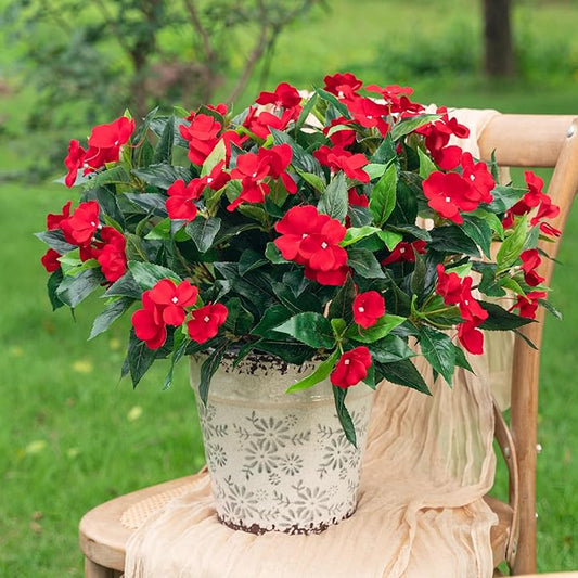 Fake Flowers Artificial Flowers for Outdoor，Artificial Impatiens Bouquet Flowers for Outdoors，Spring Flowers Artificial Impatiens Outdoor Silk Fake Flowers Indoor Decor 4PCS (Red)