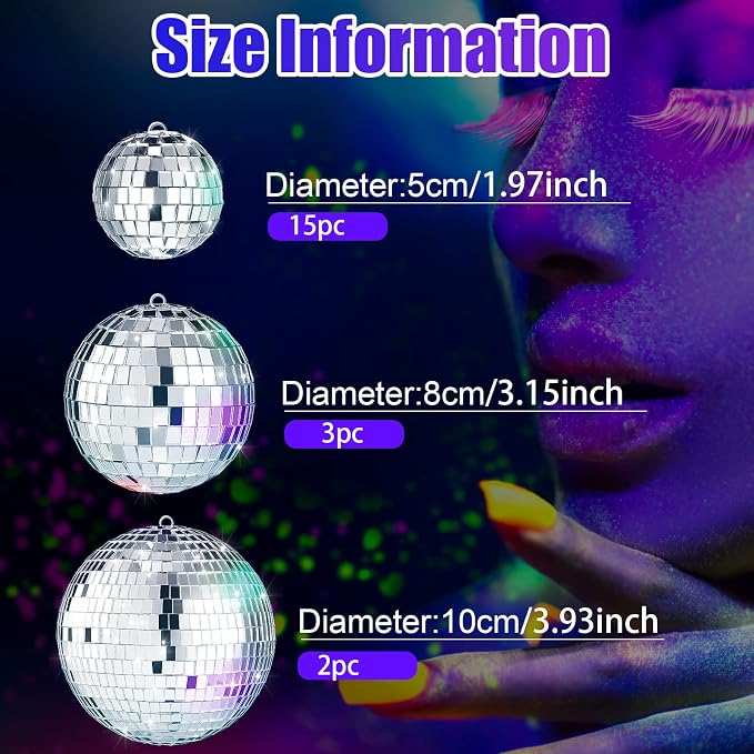 MTLEE 20 Pcs Disco Balls Decorations Assorted Size Party Decor Disco Ball Ornaments Mirror Mini Large Hanging with Rope for Wedding Festival Stage Prop Garden