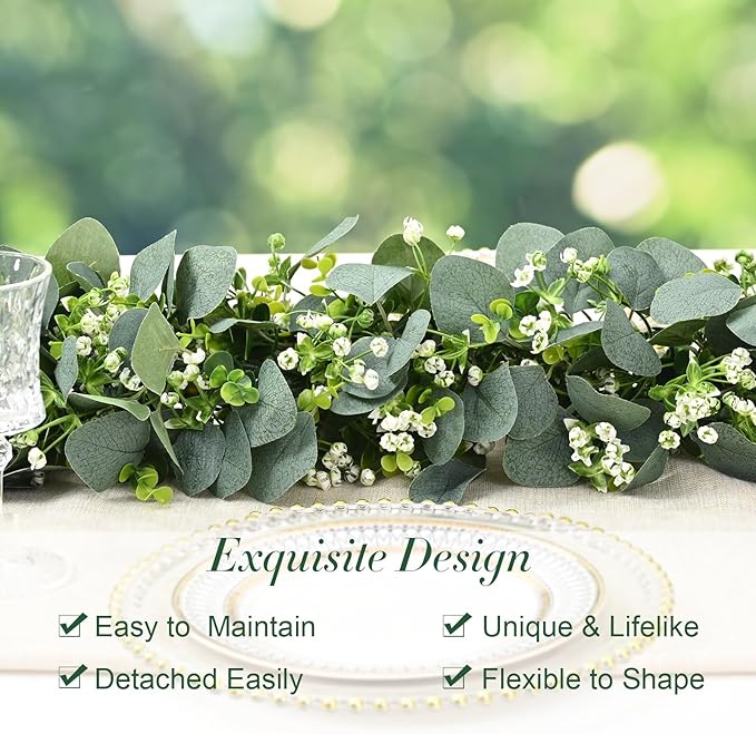 Waipfaru 4Pcs Eucalyptus Garland, 5.9FT Greenery Garland, Green Garland with Flowers, Artificial Faux Silver Dollar Eucalyptus Leaves Vines for Table Home Wedding Mantle Party Indoor Outdoor Decor
