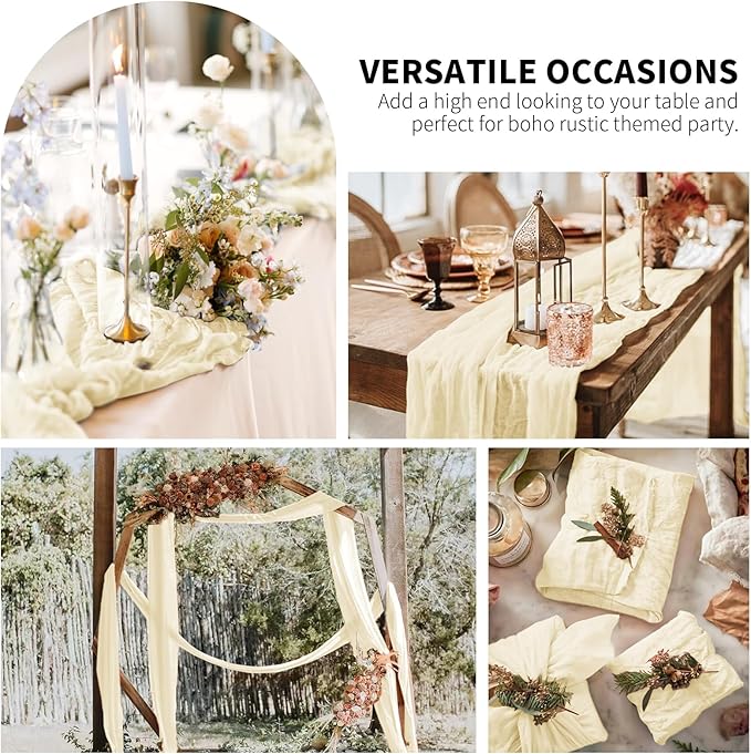 Pesonlook 6 Pack Cheesecloth Table Runner,Ivory Table Runner Long Romantic Semi Sheer Rustic Boho Gauze Table Runners for Wedding Bridal Shower Birthday Party Decorations(17.7×108 Inch)