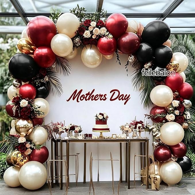 Burgundy Black Balloon Arch Kit Double Stuffed Maroon Dark Red Wine Pearl White Sand Gold Balloon Garland for Birthday Mothers Day Anniversary Graduation Hollywood Bridal Shower Party Decoration