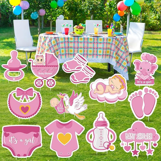 12 Pcs Baby Shower Yard Sign with Stake Gender Reveal Yard Sign Pink Stork Elephant Lawn Decoration Its a Girl Lawn Decor Welcome Baby Girl Announcement Decor for Outdoor Gender Reveal Party