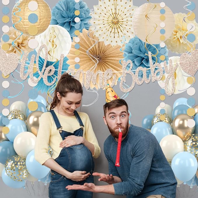 Light-Dusty Blue Boho Baby Shower Decorations, 69pcs Beige Champagne Boy Neutral Welcome Baby Banner Décor With Sand White Ice Blue Balloons Paper Lanterns Pom Poms Fan Baby Shower Party Wall Backdrop