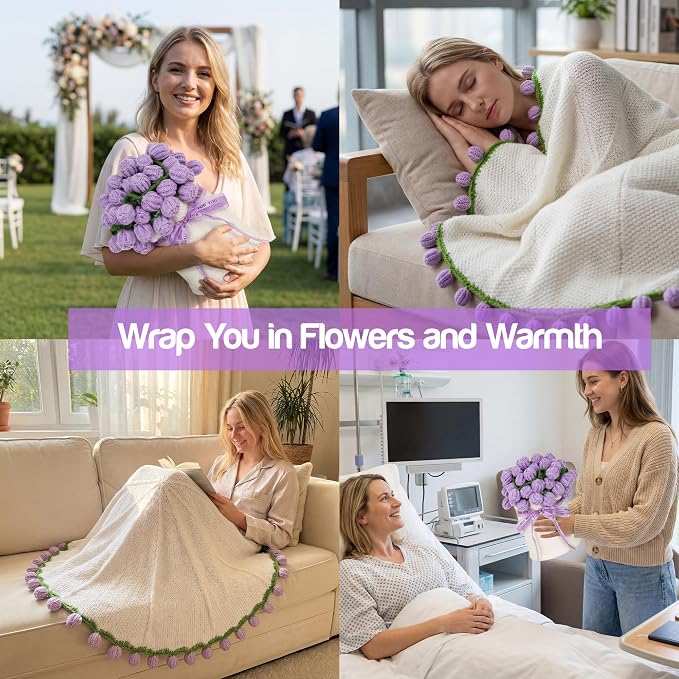 Mom Gifts for Mothers Day, Handmade Knitted Crochet Flower Bouquet Blanket, Birthday Gifts for Women, Anniversary, Wedding, Romantic Gifts for Wife Girlfriend Sister Friends, Throw Blanket, Home Decor