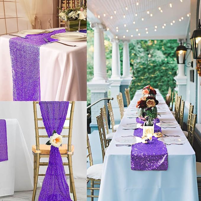 12 Packs 12 X 72 Inch Purple Sequin Table Runner Glitter Dining Table Runner for Birthday Wedding Engagement Bridal Baby Shower Bachelorette Holiday Celebration Party Supplies Decorations (Purple)