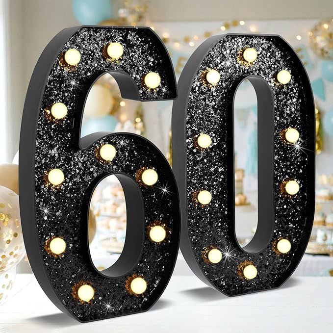 12.6 Inch LED Black Marquee Light Up Numbers, 60th Birthday Decorations Number Lights as Gifts for Women Men, Glitter Lighted Marquee Numbers for Black Anniversary Party Table Decor, 60