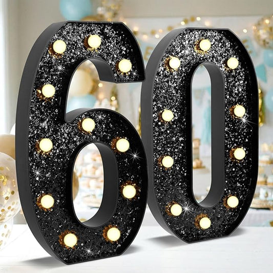12.6 Inch LED Black Marquee Light Up Numbers, 60th Birthday Decorations Number Lights as Gifts for Women Men, Glitter Lighted Marquee Numbers for Black Anniversary Party Table Decor, 60