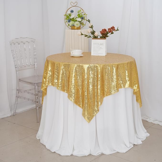 Poise3EHome Gold Sequin Tablecloth 50×50 Inch Square Sequin Fabric Table Cover Overlay for Baby Shower Birthday Party Wedding Christmas Holiday Cake Table Decoration