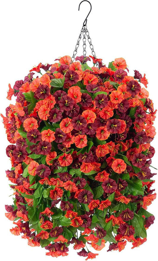 INXUGAO Artificial Flowers with Hanging Basket, Outdoor Faux Plants Silk Morning Glory Vines, Fake Green Arrangement for Garden Patio Spring Summer Decor(4pcs,Orange Brown)