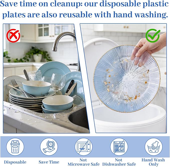 DaYammi 60Pcs Blue Plastic Plates with Gold Rimmed - Disposable Blue Plates Set Includes 30 Dinner Plate & 30 Salad Plates, Radial Texture plates Perfect for Party Wedding Dinner & Catering Events