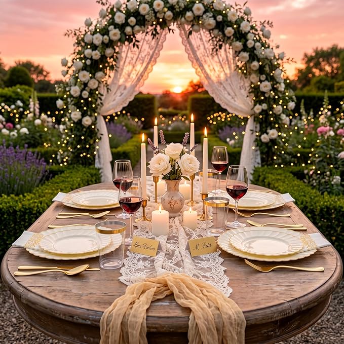 YOUBET 175PCS Ivory Scalloped Plastic Plates - Gold Disposable Dinnerware Set Include 50 Plates, 75 Gold Silverware, 25 Cups, 25 Napkins for Party & Wedding