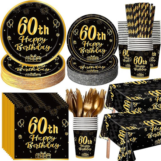 Funnymoom 452 Pcs 60th Birthday Party Decoration Supplies Black and Gold 60th Birthday Paper Plates and Napkins Cups Tablecloth Cutlery Straws Disposable Tableware for Cheers to 60 Years Anniversary