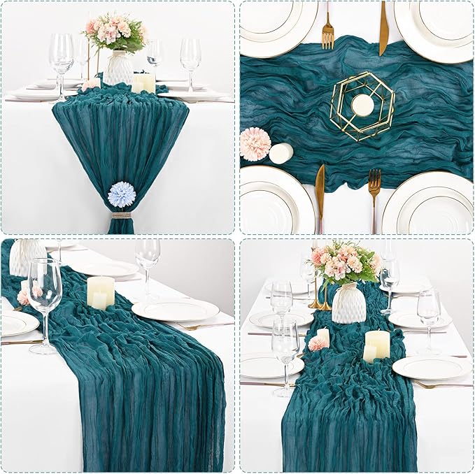 10 Pcs Teal Cheesecloth Table Runner 10FT, Gauze Cheese Cloth for Wedding Reception Rustic Sheer Bridal Shower Birthday Party Boho Table Decoration, Romantic Wedding Runner