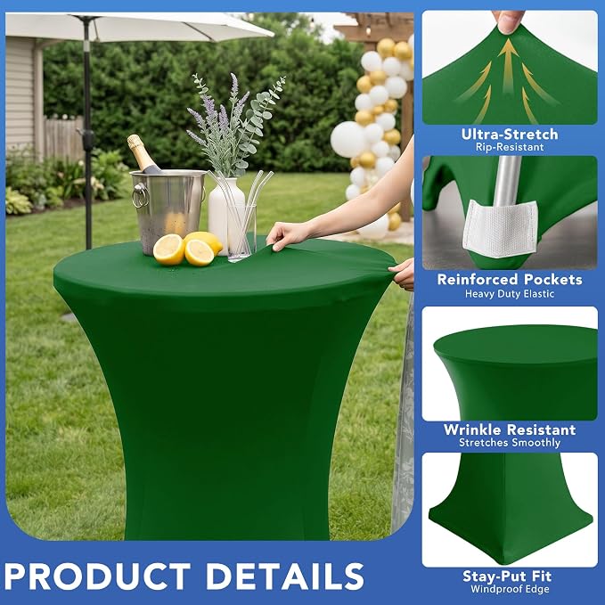 Cocktail Table Covers-Spandex Round High Top Table Cloth 6 Pack 32x43 Inch-Green Stretch Fitted Christmas Tablecloth for Pub Bistro Highboy Party Event Banquet Height Folding Satnding Tables