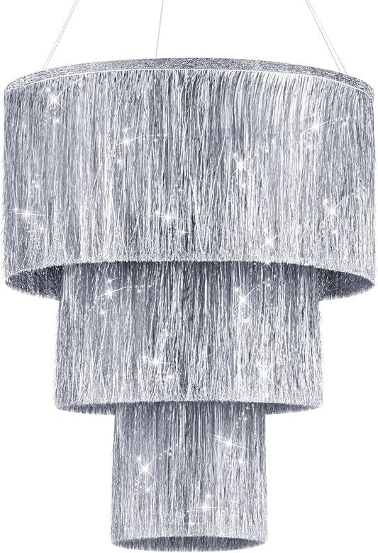 Rossesay 1 Piece 3 Tier Fringe Tinsel Chandelier Fringe Chandelier Decoration Birthday Bachelorette Party Decoration Iridescent Silver Foil Shimmering for Wedding Home