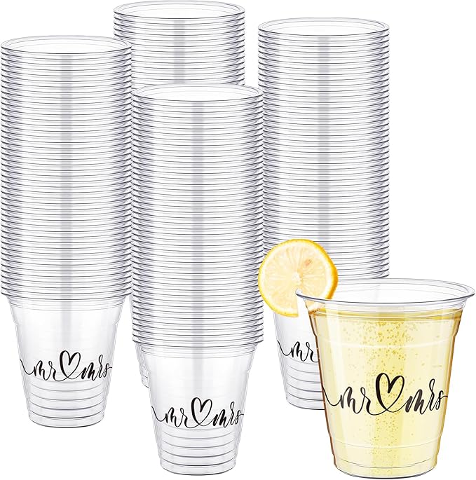 Dandat Disposable Wedding Plastic Cups Bulk 10oz Mr and Mrs Happily Ever After Disposable Clear Reception Drinking Cup for Wedding Reception Bridal Shower Engagement Party(100 Pack,Mr and Mrs)