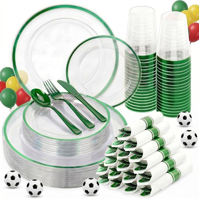 350pcs Plastic Plates for Party Clear & Green | Disposable Plastic Dinnerware Set for 50 Guests Include 100 Plastic Plates,50 Cups & 50 Pre Rolled Napkins with Cutlery Set