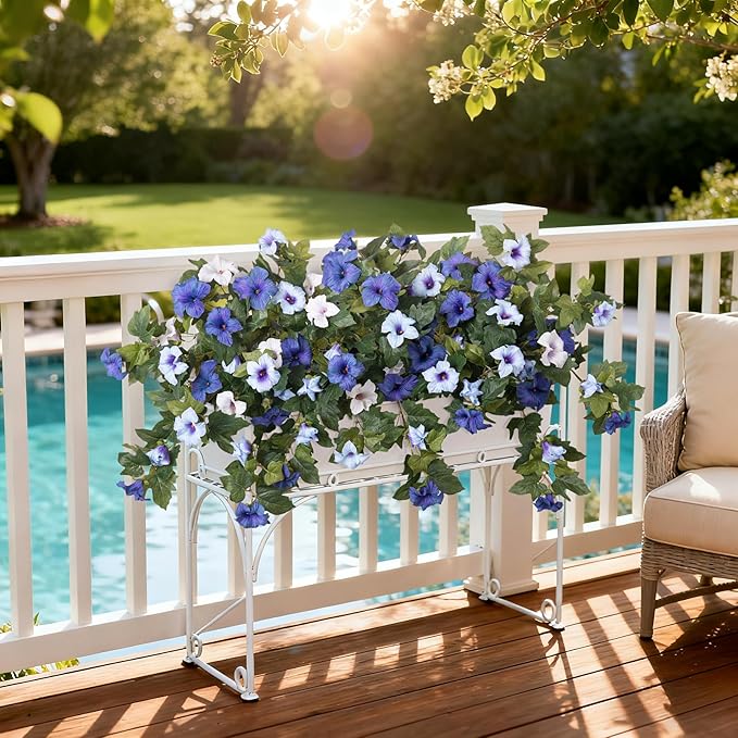 Ammyoo Artificial Fake Petunia Flowers for Outdoor Decoration, 2PCS Faux Silk Petunias Flower for Spring UV Resistant No Fade Realistic Plants for Garden Balcony Yard Porch Indoor Decor(Blue White)