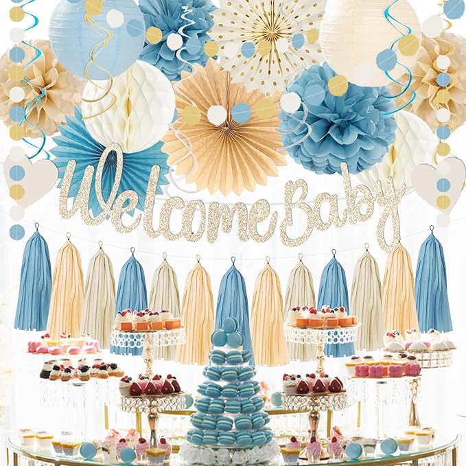Light-Dusty Blue Boho Baby Shower Party-Decorations Beige Champagne Boy Neutral Welcome Baby Banner Décor With Honeycomb Balls Circle Dots Garland Lantern PomPoms Flowers Hanging Swirls Party Supplies