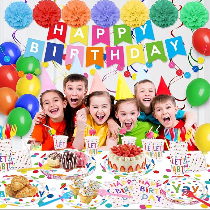 Happy Birthday Decorations - 156pc Birthday Party Supplies Set with Birthday Plates and Napkins, Happy Birthday Banner,Cups, Tablecloth(Serves 24)