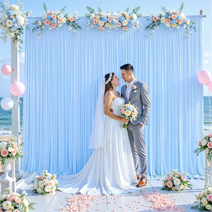 6 Panels Baby Blue Backdrop Curtain for Baby Shower Parties Light Blue Wrinkle Free 30ft x 10ft Backdrop Drapes for Birthday Photo Gender Reveal Photography Polyester Fabric Background Decoration