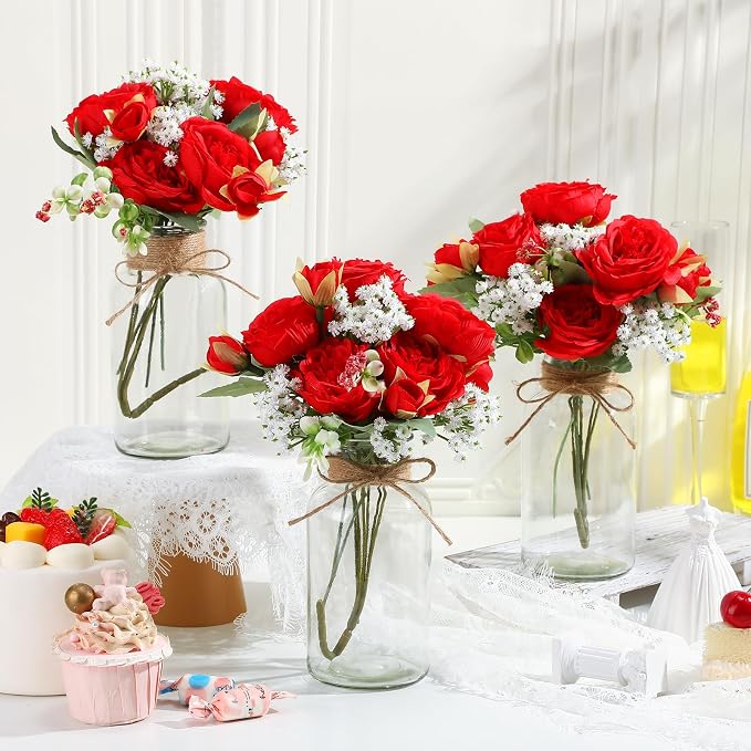 Zeyune 6 Sets Mason Jar Table Centerpiece with Artificial Peony Baby's Breath Flower Centerpieces Faux Flowers with Rope for Wedding Reception Engagement Bridal Shower Rustic Table Decor(Red)