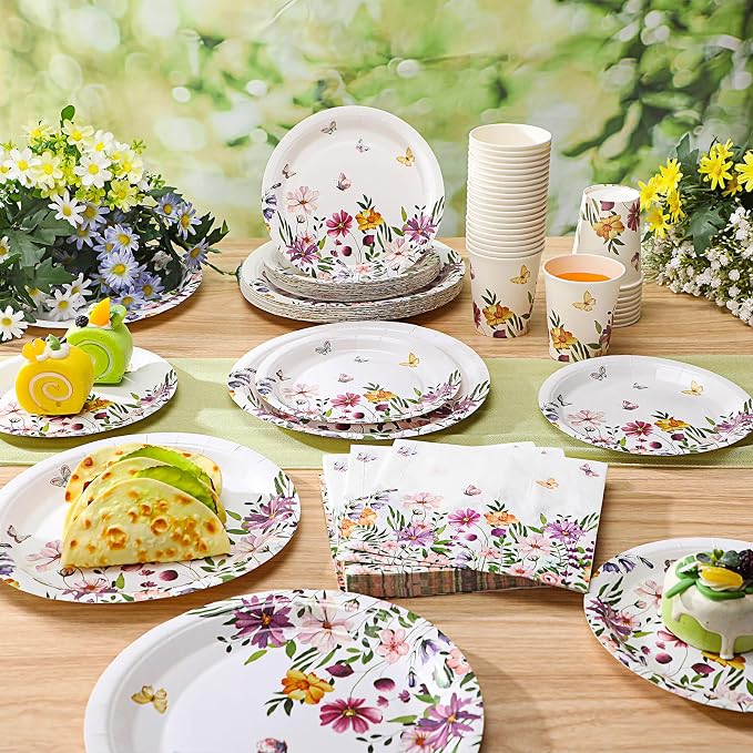 Hsei 250 Pcs Wildflower Party Decoration Baby Shower Disposable Tableware Sets Birthday Supplies Serves 50 Guests Disposable Plates Napkins and Cups for Baby Bridal Shower Birthday Party