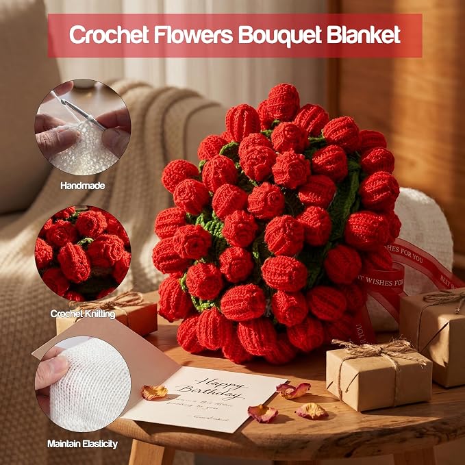 Mom Gifts for Mothers Day, Handmade Knitted Crochet Flower Bouquet Blanket, Birthday Gifts for Women, Anniversary, Wedding, Romantic Gifts for Wife Girlfriend Sister Friends, Throw Blanket, Home Decor