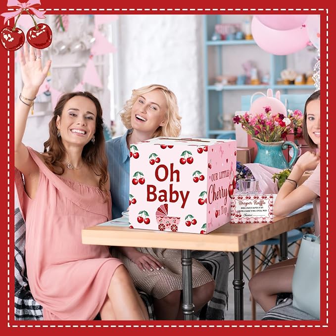Teling 51 Pieces Diaper Raffle Tickets with Card Box Baby Shower Decorations Gender Reveal Holder Box for Girl Boy Diaper Raffle Party (Cherry Theme Pattern)