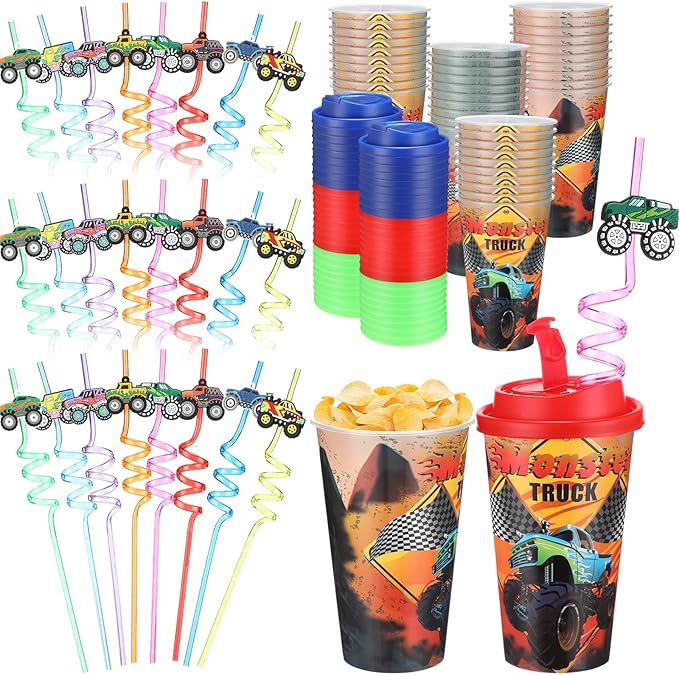 Yungyan 16 Sets Monster Truck Party Favors Goodie Cups with Lids and Straws for Birthday Decorations Reusable 16oz Plastic Candy Cups Plastic Straws for Birthday Party