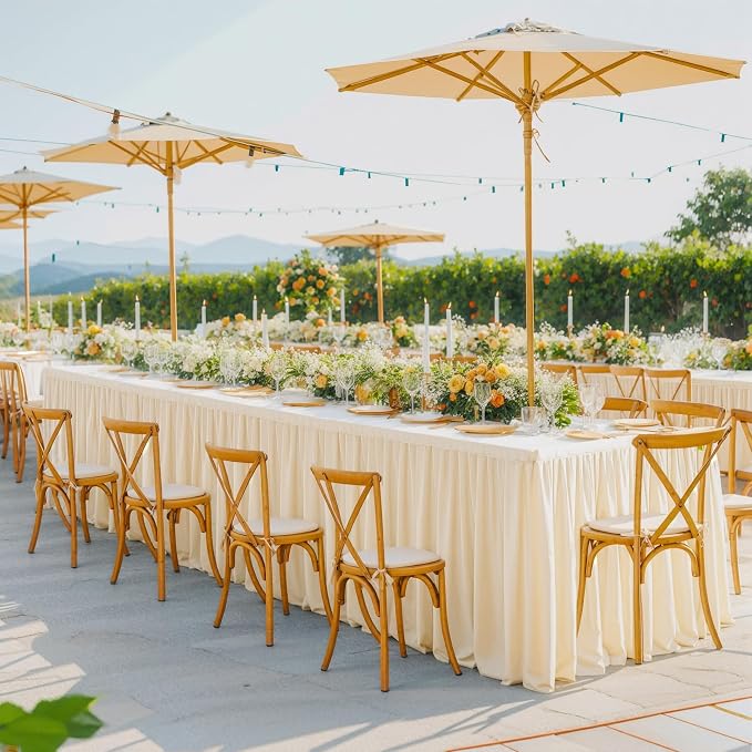 2 Pack Champagne Tablecloths for Rectangle Tables 6ft, Wrinkle Resistant Spandex Tablecover Fitted Stretch Table Cloth with Pleated Ruffle Table Skirts for Party Banquet Dining Birthday Wedding