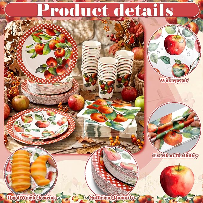 Domensi 250 Pcs Fall Apple Party Paper Plates and Napkins Forks Autumn Apple Party Supplies Decoration Fall Theme Tableware Set for Rosh Hashanah Harvest Fruit Theme Birthday Parties Baby Shower