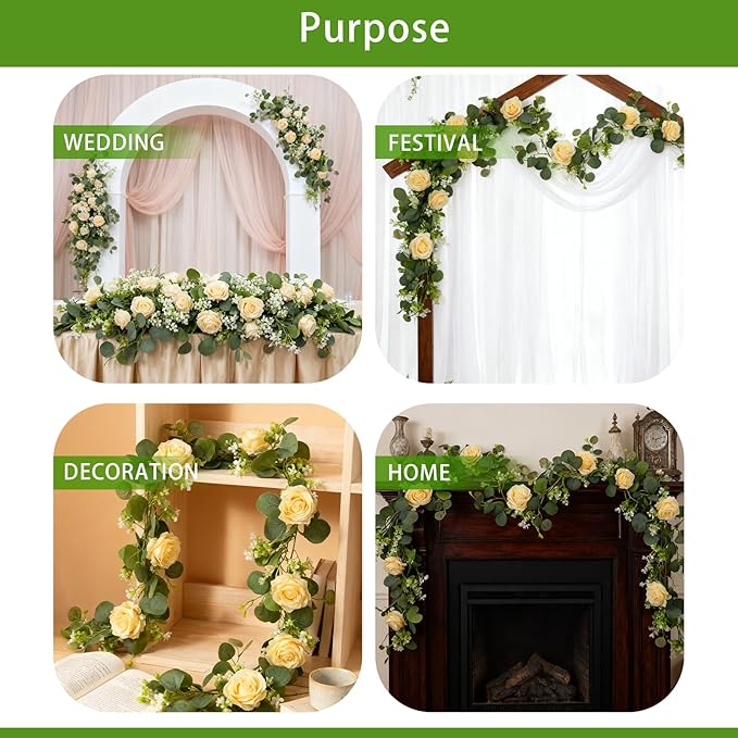 2 Pack 5.9 FT Artificial Flower Garland with Lights, Fake Floral Garland with 12 Champagne Roses, White Flower Decorations for Arch Table Centerpieces Backdrop Party Home Wedding Decorations