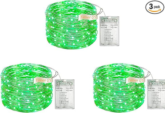 3 Pack 16FT 50 LED St. Patrick's Day Fairy Lights with Timer, 8 Modes USB Mini Twinkle Light Battery Operated, Small String Lights for Wreath Vase Bedroom DIY Party Decorations-Green
