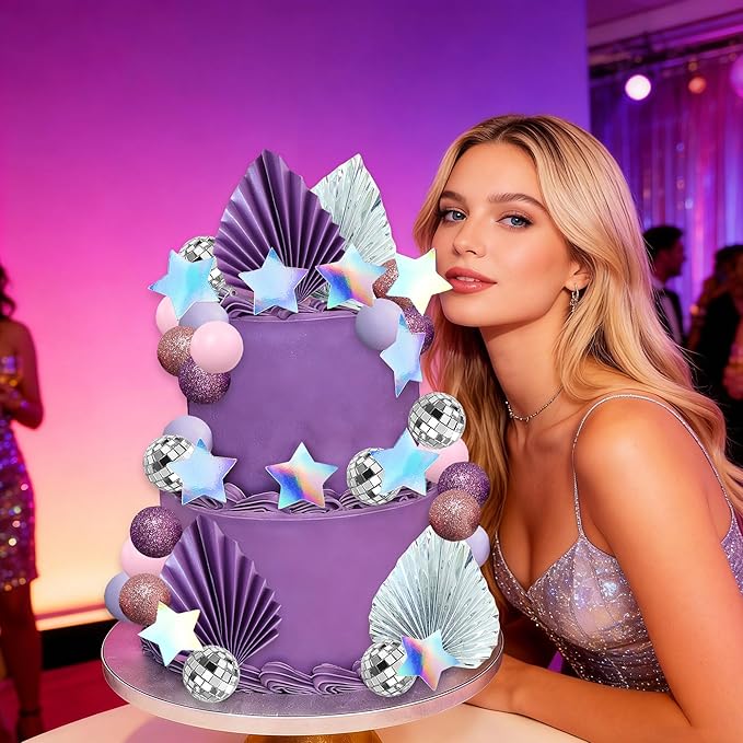 41Pcs Purple Disco Ball Cake Topper Purple Cool Girl Birthday Party Decorations Cool Girl Cake Decorations Disco Singer Stars Bachelorette Party Supplies
