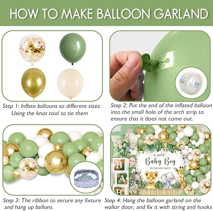 140PCS Safari Jungle Baby Shower Decorations, Safari Baby Shower Supplies, Sage Green Balloon Garland Kit, BABY Boxes, Backdrop Banner