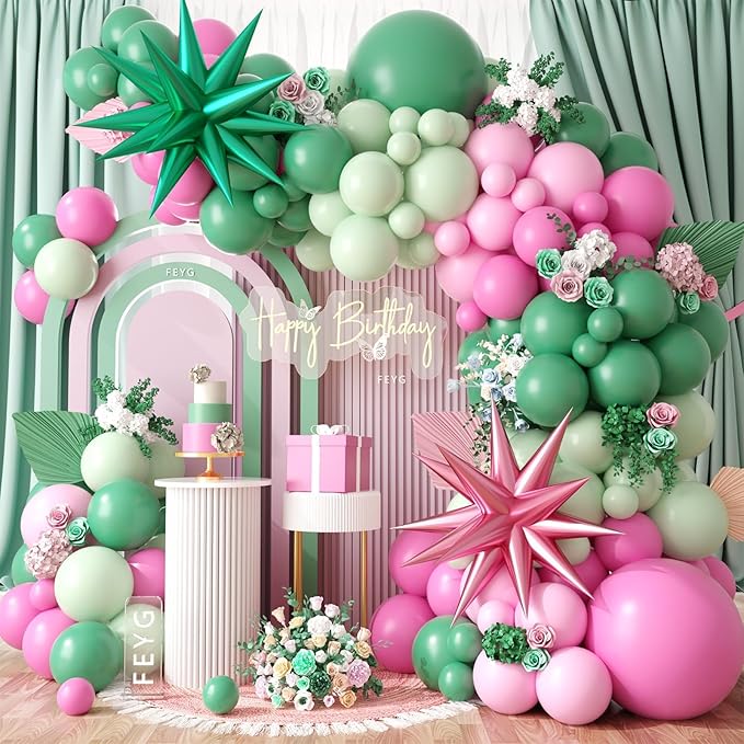 Pink and Green Balloon Arch Garland Kit, Green Pastel Pink Latex Balloons Party Balloons for Baby Shower Wedding Safari Birthday Summer Tropical Birthday Party Decorations