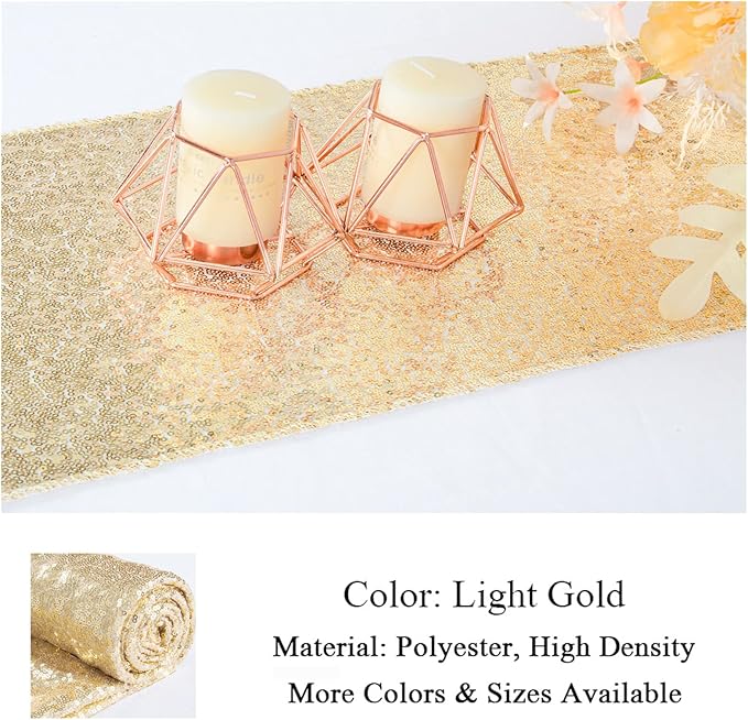 ShinyBeauty Light Gold Table Runners 12x108-Inches Pack of 2 Sequin Table Runners Glitter Table Cloth Runner for Wedding Christmas Table Decor Rectangle Table Covers for Bridal Shower Special Events