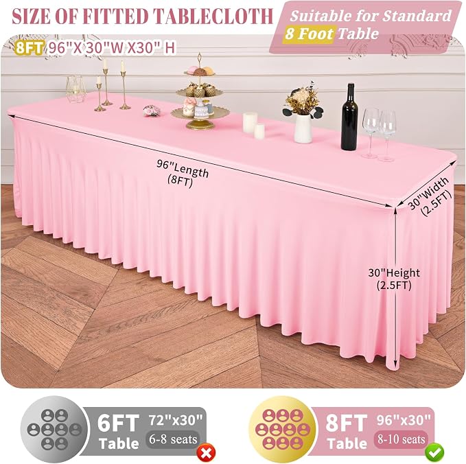 2 Packs Pink Stretch Table Skirts for 8 Foot Rectangle Table, Washable Spandex Stretch Tablecloths with Skirt, Wrinkle Resistant Fitted Tablecover for Wedding Party Banquet