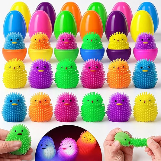 24 Pack Prefilled Easter Eggs with Glowing Chick Squishy Toys, Pre-Filled Light Up Stress Balls for Kids, Easter Egg Hunt Toys, Non-Candy Easter Basket Stuffers, Party Favors for Boys and Girls