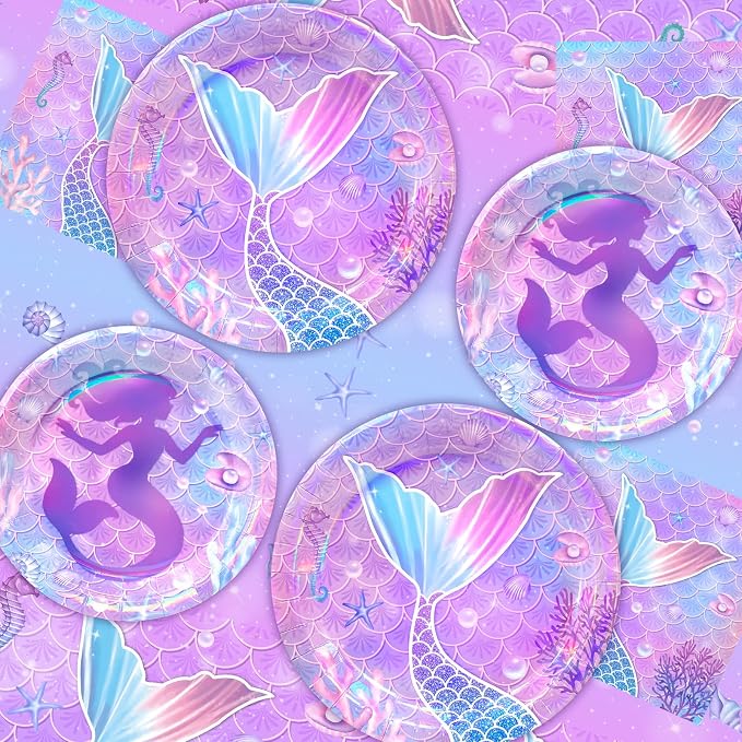 182pcs Mermaid Birthday Party Decorations,Mermaid Themed Plates and Napkins Disposable Tableware Set for Girls Birthday Party Supplies,Serve 30 Guests