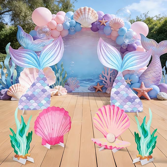 6 Pcs Mermaid Backdrop Under The Sea Birthday Party Decorations Large Mermaid Tail Seaweed Seashell Cardboard Cutouts Ocean Theme Booth Photo Props for Baby Shower Indoor Outdoor Decor